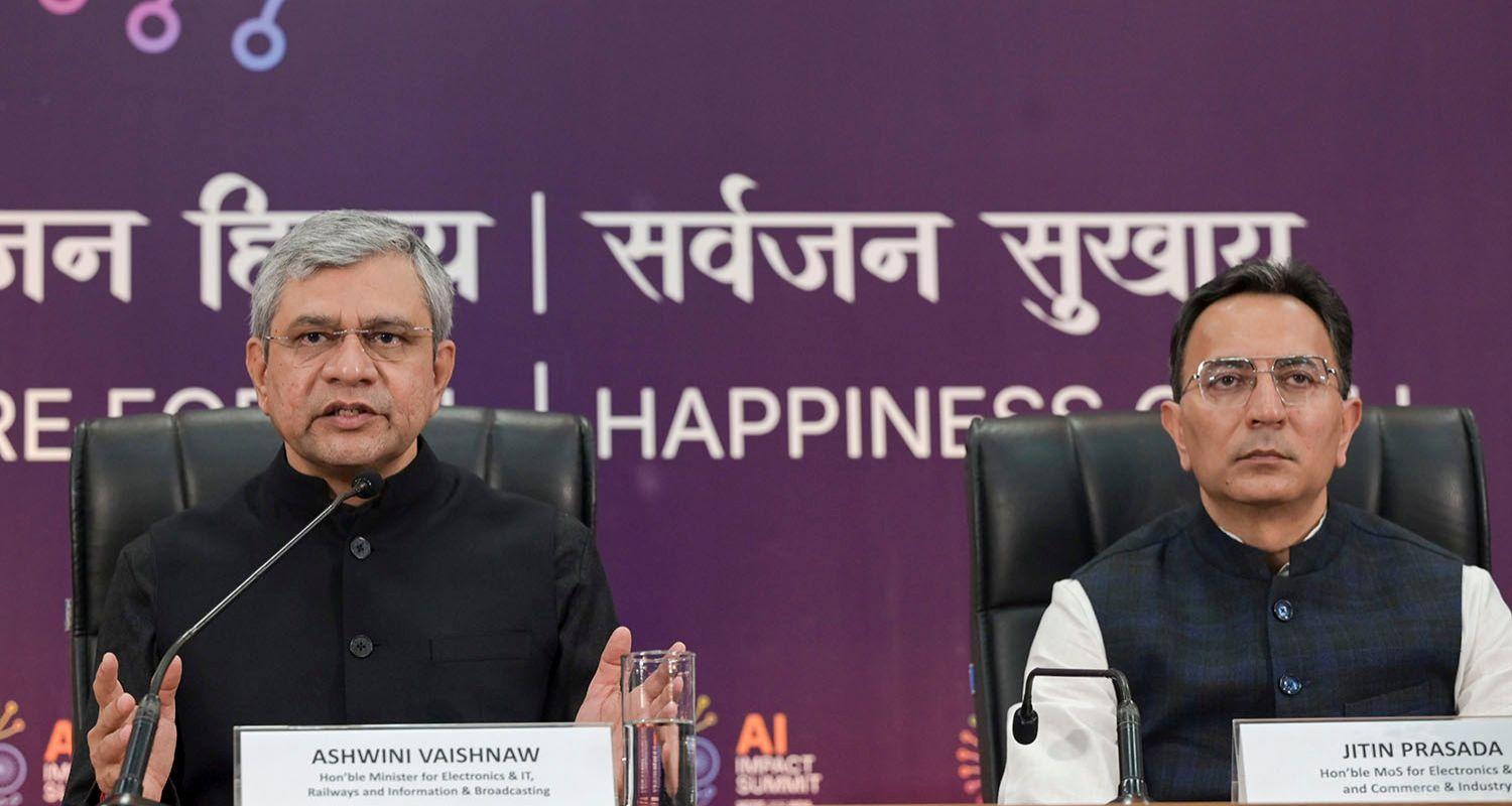 Union Minister for Electronics and Information Technology Ashwini Vaishnaw (left) and Union Minister of State Jitin Prasada during a press conference on the sidelines of India AI Impact Summit in New Delhi on Tuesday.