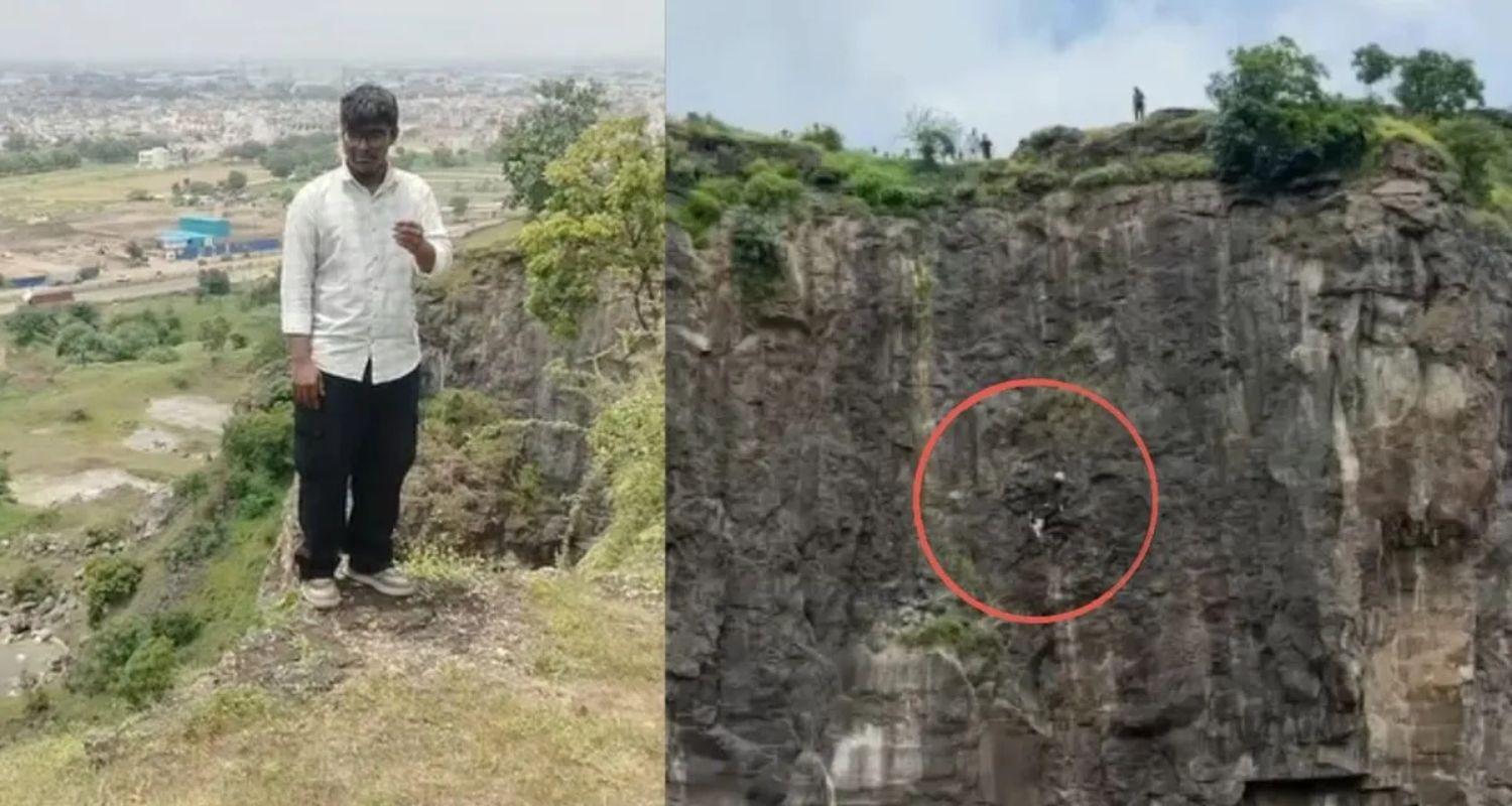 Kunal standing on the edge of a cliff before (right) he leapt from the steep hill and his father also fell while trying to save him.