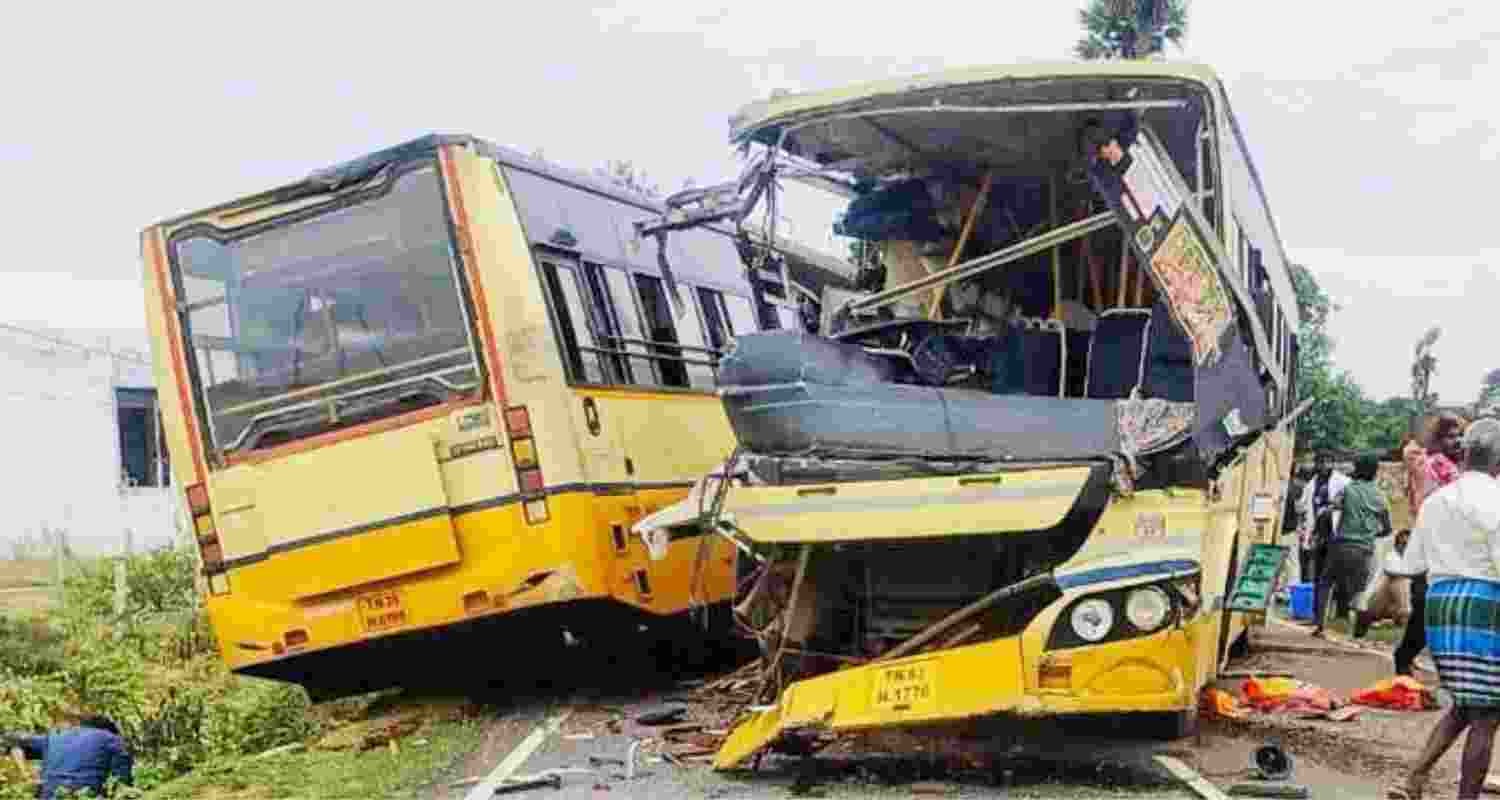 Police reported that one of the buses was travelling towards Karaikudi while the other was heading for Madurai when they crashed on a road stretch near Thirupathur. Police reported that one of the buses was travelling towards Karaikudi while the other was heading for Madurai when they crashed on a road stretch near Thirupathur.