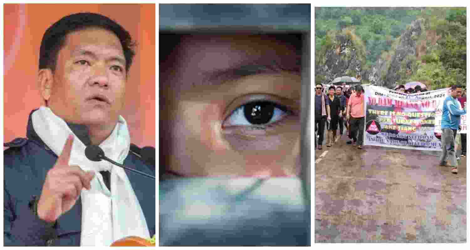 BJP leader and Arunachal CM Pema Khandu (L). File photo. Protestors in Siang resisting the construction of Upper Siang Hydropower project (R).