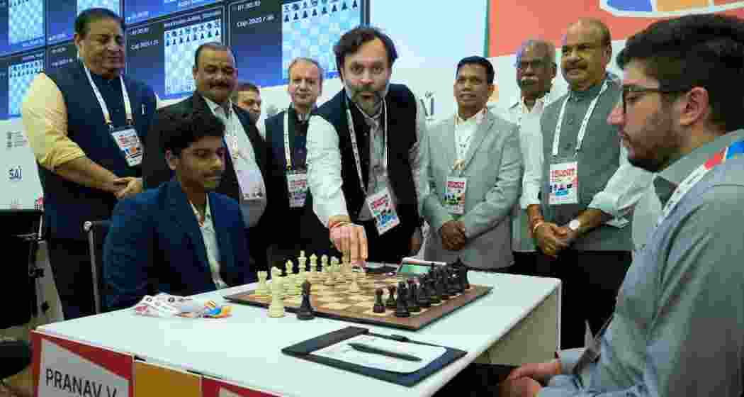 All India Chess Federation president Nitin Narang making the symbolic “first move” to mark the commencement of the FIDE World Cup tournament in Panaji, Goa, on Saturday. A dazzling light and music show portraying the “Spirit and Story of Chess” had set the stage for the grand opening ceremony at the Dr Shyama Prasad Mukherjee Stadium on Friday. The FIDE World Cup comes to India after a gap of 23 years.