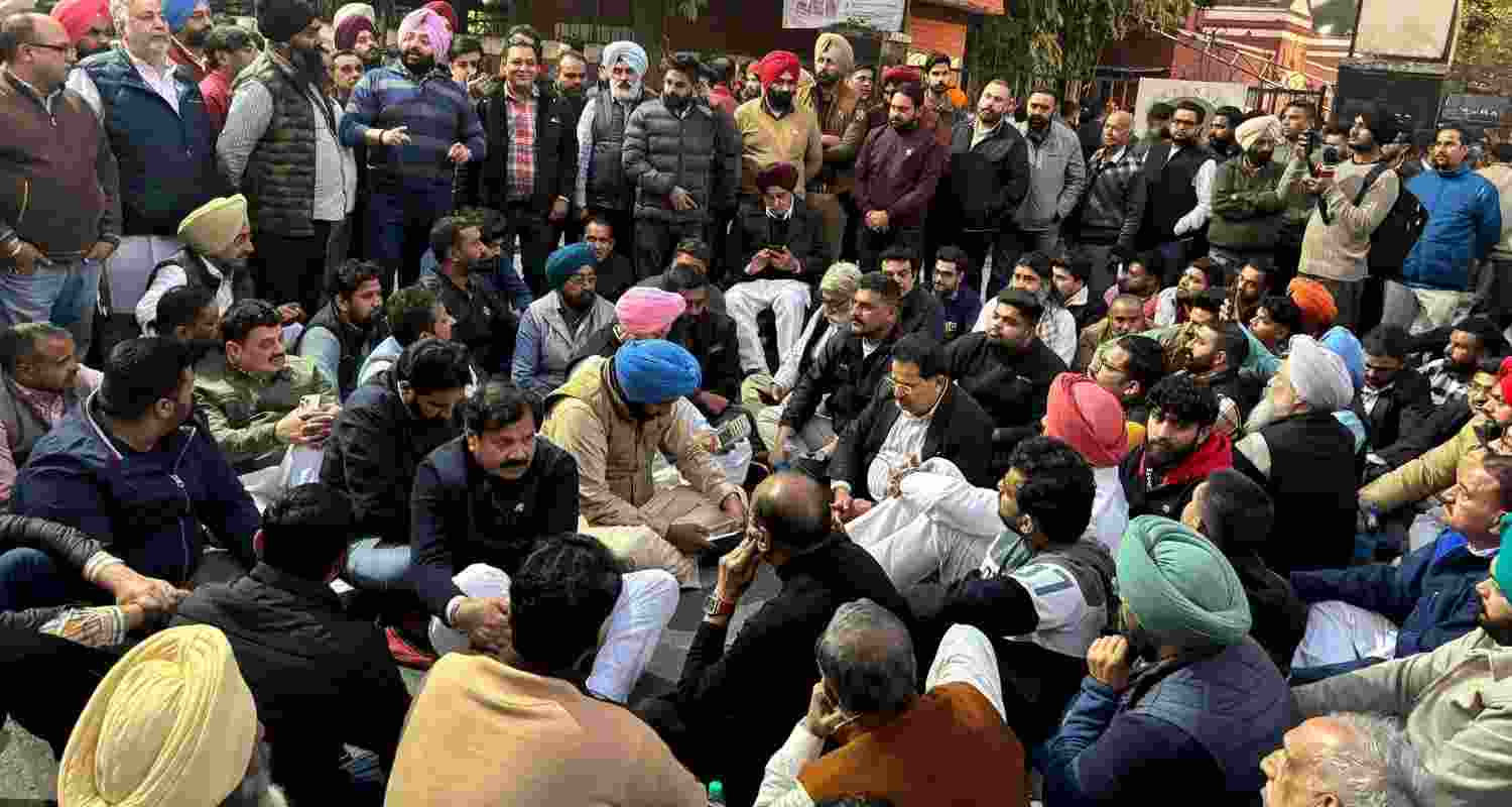 Members of the Congress party, led by by state president Amarinder Singh Raja Warring, protesting after the announcement of the results of Amritsar mayoral polls on Monday. File photo.