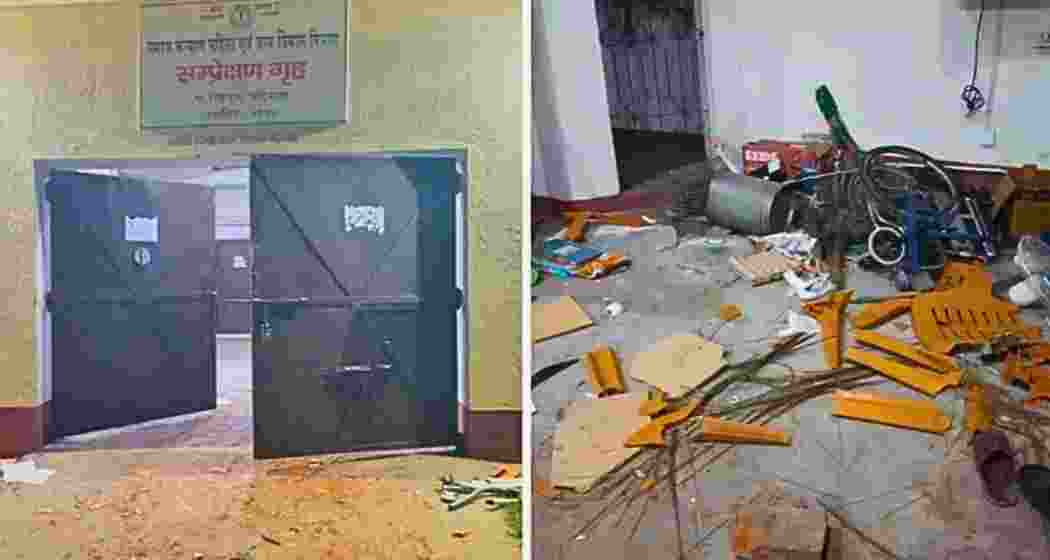The broken gate (L) and the damaged interiors of the correctional home in Chaibasa, Jharkhand, after 21 juvenile inmates attacked guards, vandalised property, and escaped.