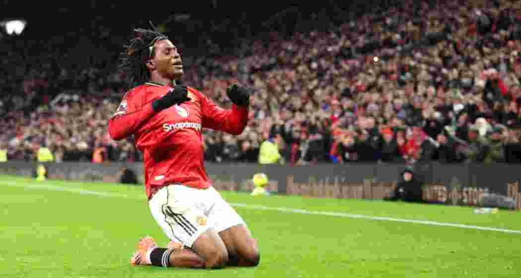 Manchester United's Patrick Dorgu, celebrates after scoring the opening goal during the English Premier League soccer match between Manchester United and Newcastle in Manchester, England on Friday.