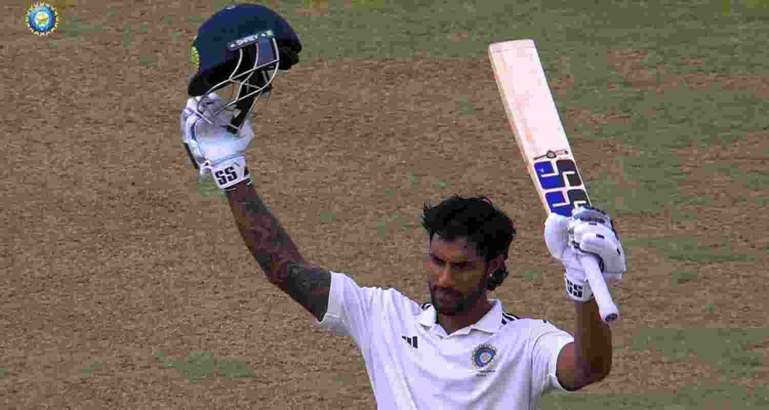 Tilak Varma celebrates his century. Image via BCCI domestic on X.