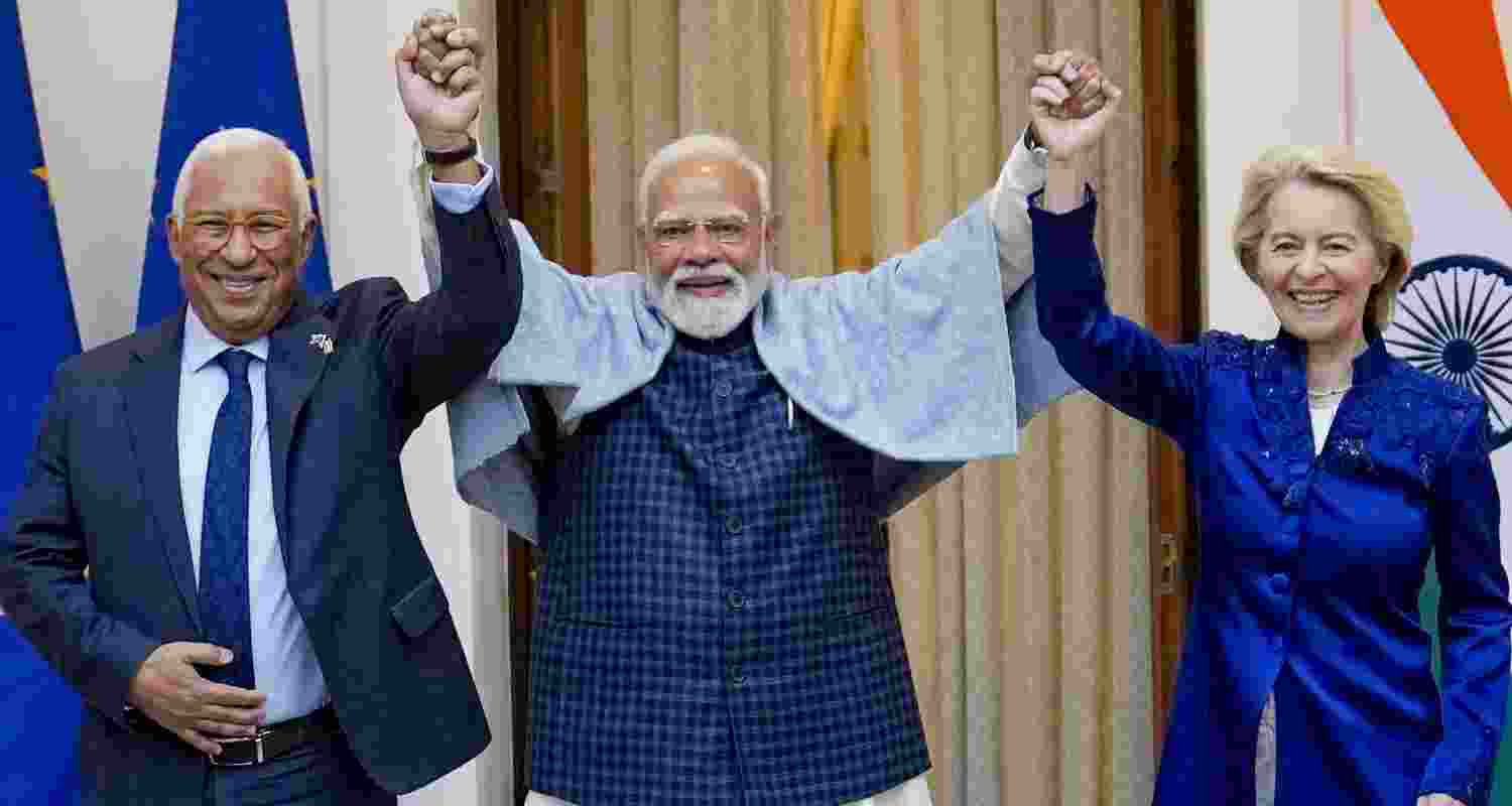 PM Modi with EU Chief Ursula Gertrud von der Leyen (right), and EU Council President António Costa (left). 