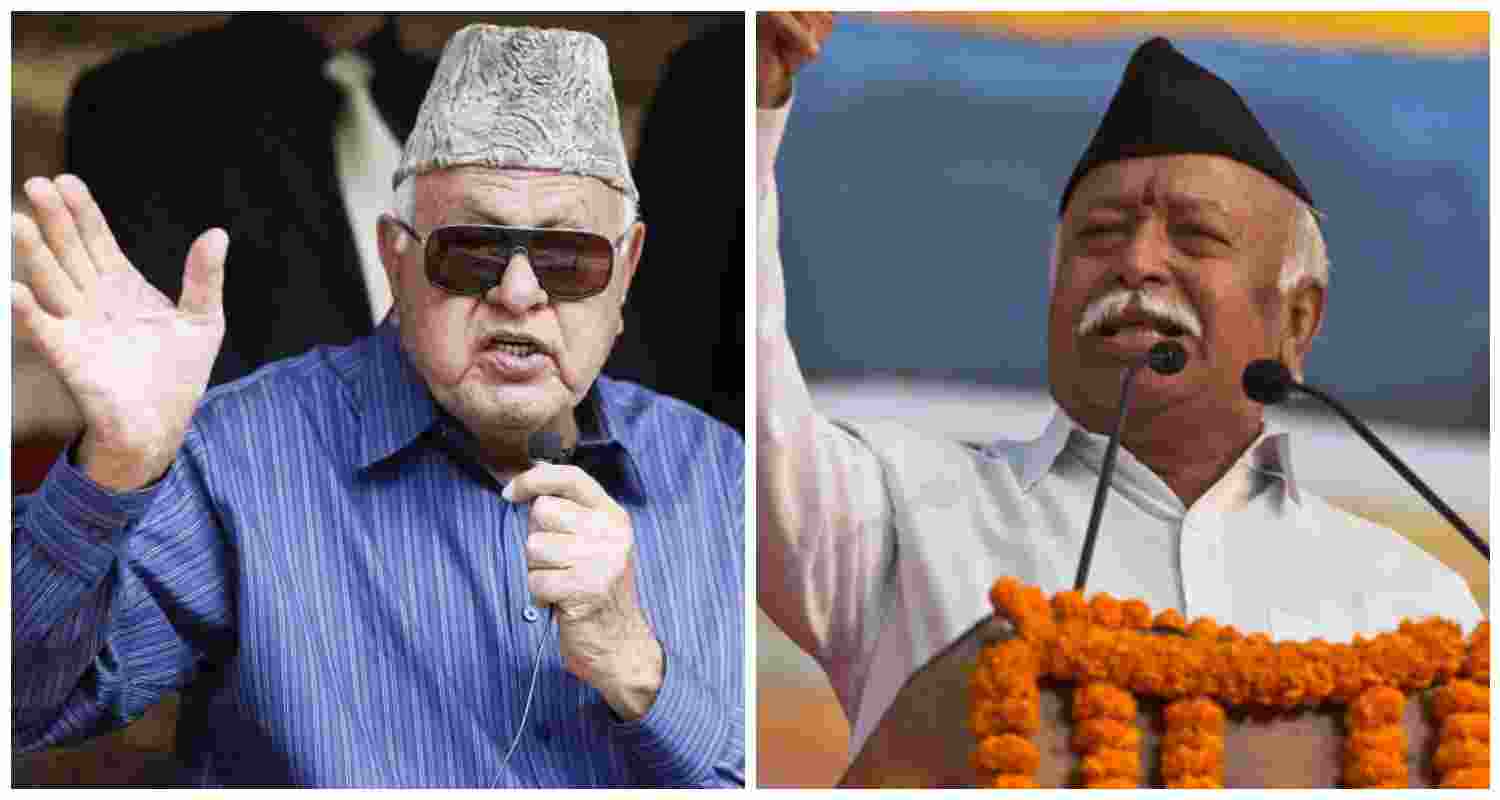 National Conference President Farooq Abdullah (L), Rashtriya Swayamsevak Sangh (RSS) chief Mohan Bhagwat (R). File photo.