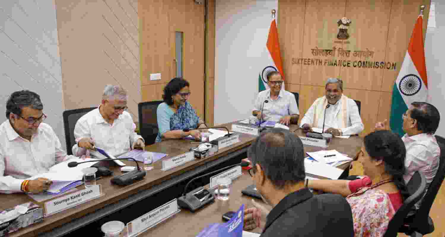 Karnataka Chief Minister Siddaramaiah with 16th Finance Commission chairperson Arvind Panagariya and other members at a meeting in New Delhi on Friday.
