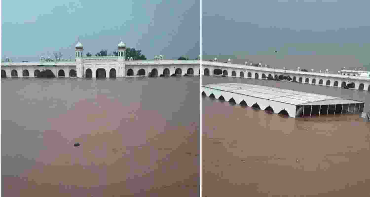 Parts of the Kartarpur Sahib Gurdwara complex submerged in floodwaters.