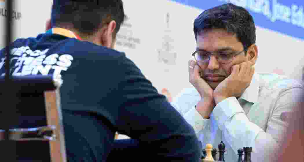 GM P Harikrishna concentrates during a game at the FIDE World Cup 2025 in Panaji. The Indian grandmaster was eliminated in the fifth-round tiebreak, ending his campaign in the tournament.