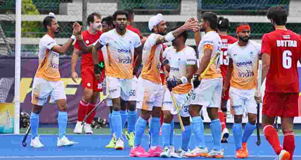 India’s men’s hockey team celebrates a dominant 14-3 victory over Canada at the Sultan Azlan Shah Cup in Ipoh, where Jugraj Singh scored four goals to help the side enter the final.