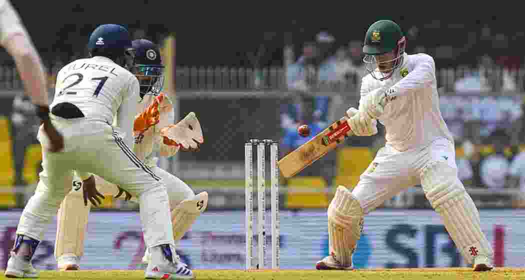 South Africa's Kyle Verreynne plays a shot during the day two of the second Test cricket match of a series between India and South Africa, in Guwahati on Sunday.
