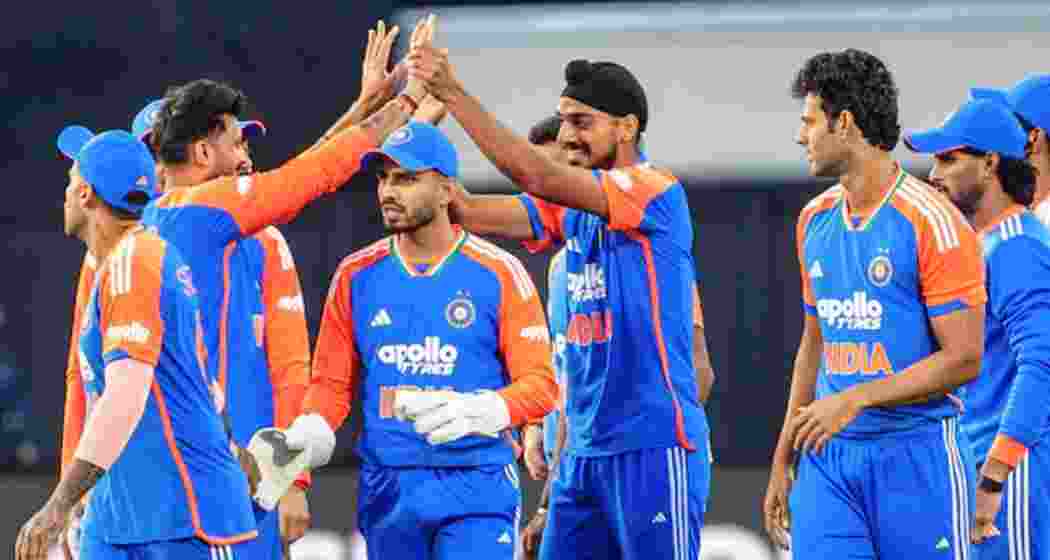 Indian players celebrate a wicket during the third T20I against Australia.
