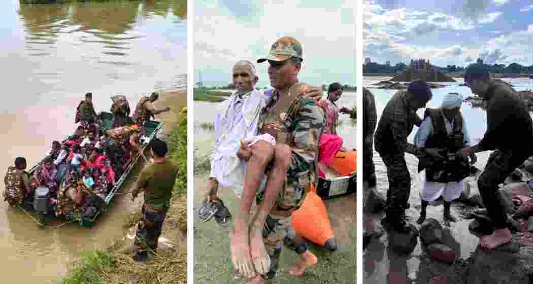 Army personnel carry out rescue operations for flood-affected villagers across multiple regions in India, providing relief and support amid severe monsoon inundation.