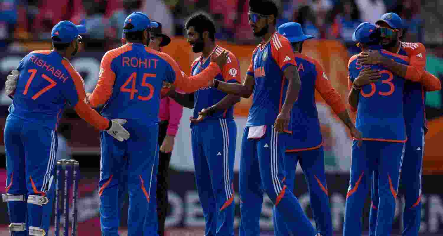 Indian players celebrate after their win in the ICC Men's T20 World Cup second semifinal cricket match between England and India at the Guyana National Stadium in Providence, Guyana, Thursday, June 27, 2024.