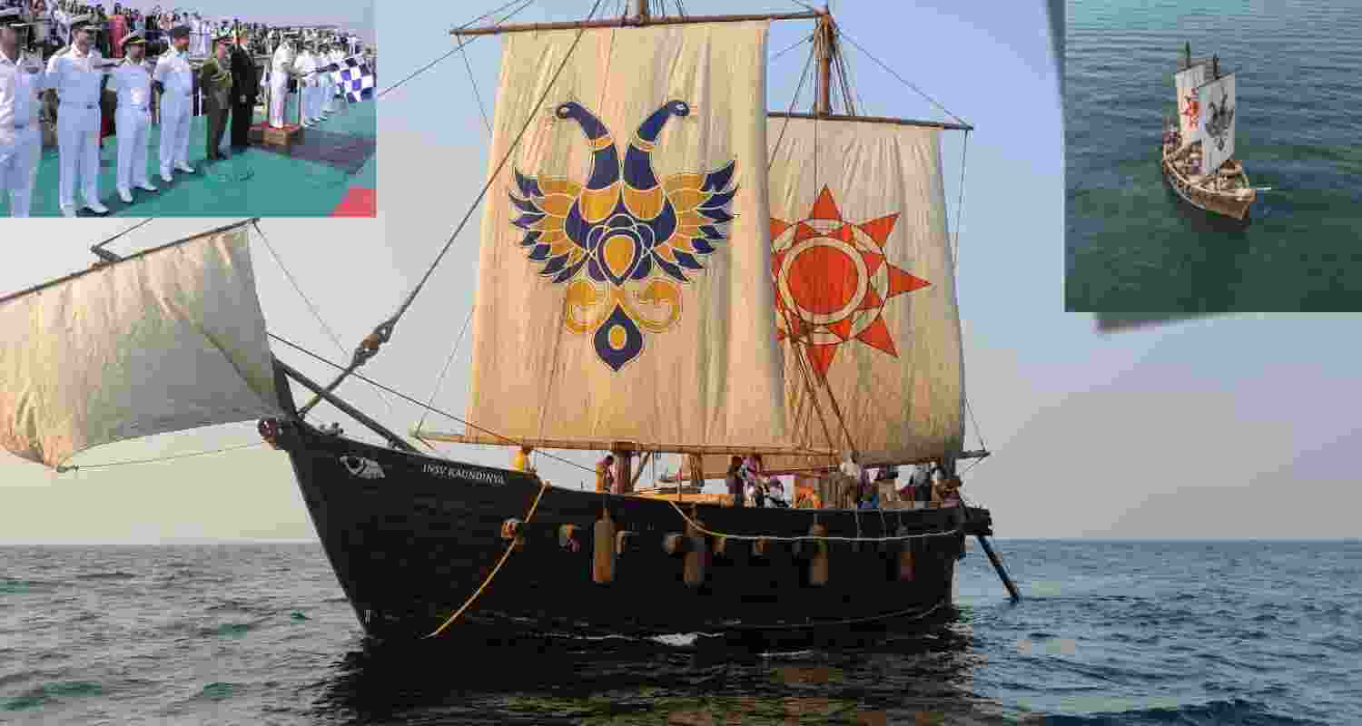 Indian Navy’s engineless vessel INSV Kaundinya begins its maiden Porbandar–Muscat voyage. 