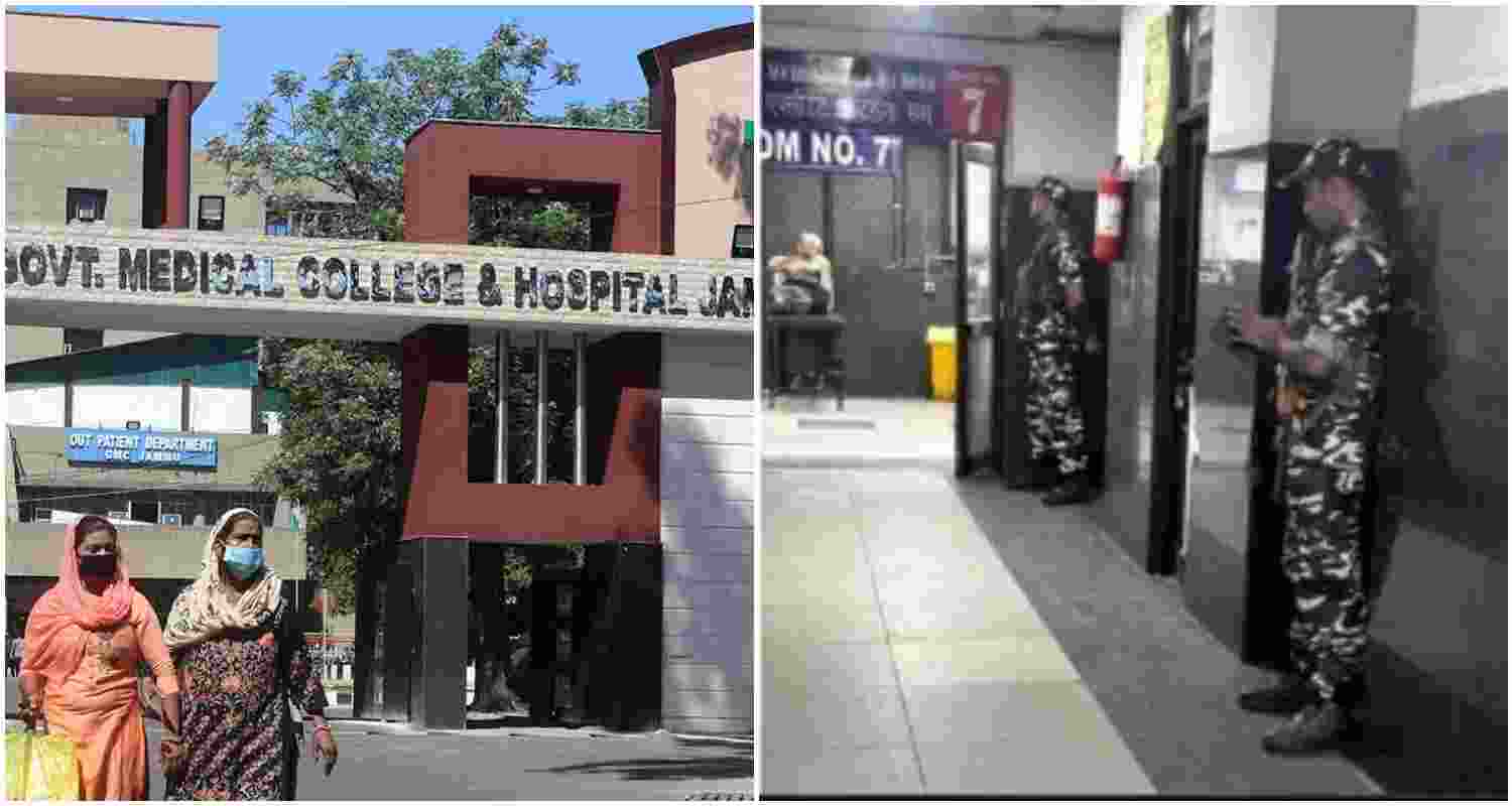 Armed security personnel stationed at GMC Jammu to ensure the safety of medical staff.