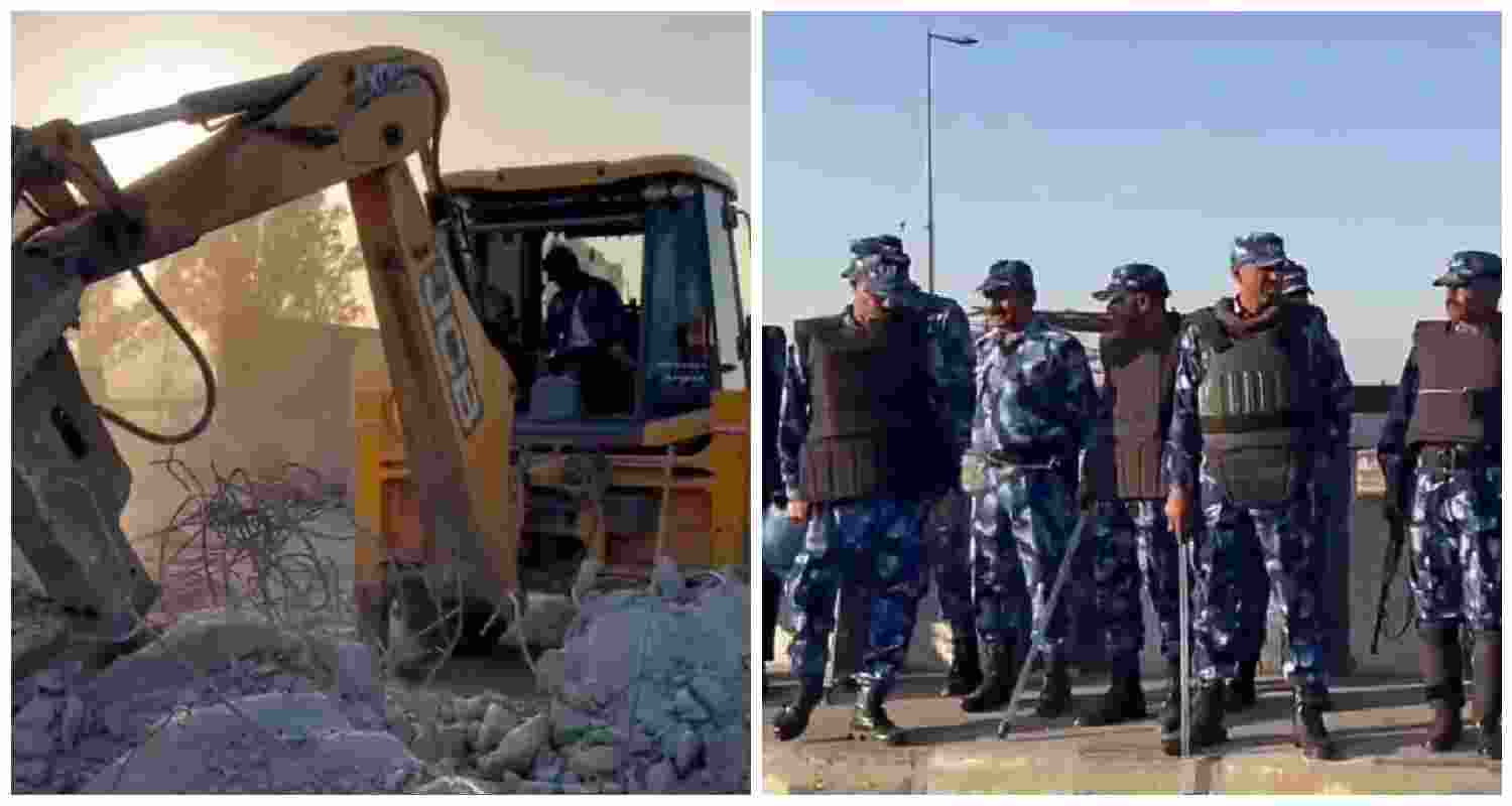 Security personnel at the Haryana-Punjab Shambhu Border after barricades were removed amid the farmers’ protest. Several leaders were detained, leading to political backlash and heightened tensions. 