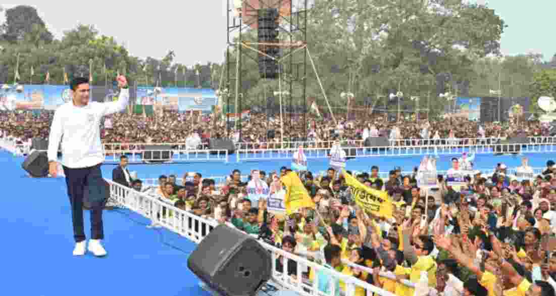 Trinamool Congress (TMC) All India General Secretary Abhishek Banerjee addresses a gathering in Baruipur, South 24 Parganas of West Bengal on Friday.