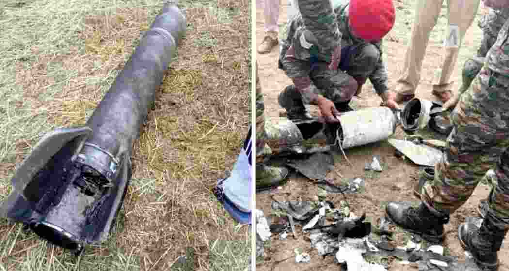 Debris from a suspected Chinese missile (left) and a Turkish drone (right) reportedly used by Pakistan in operations targeting India.