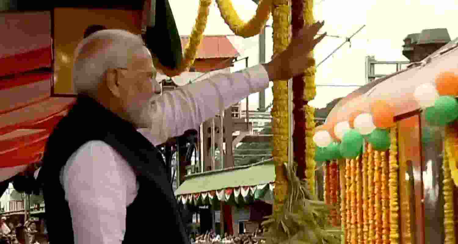 Prime Minister Narendra Modi flags off 3 Vande Bharat Express trains at KSR Railway Station in Bengaluru.