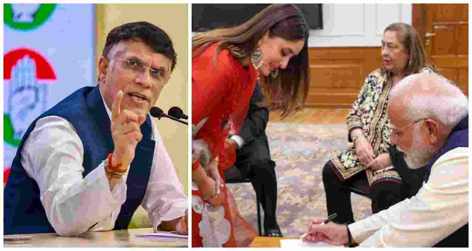 Senior Congress leader Pawan Khera (L), Prime Minister Narendra Modi with actor Kareena Kapoor Khan, in New Delhi on Tuesday, Dec. 10, 2024.