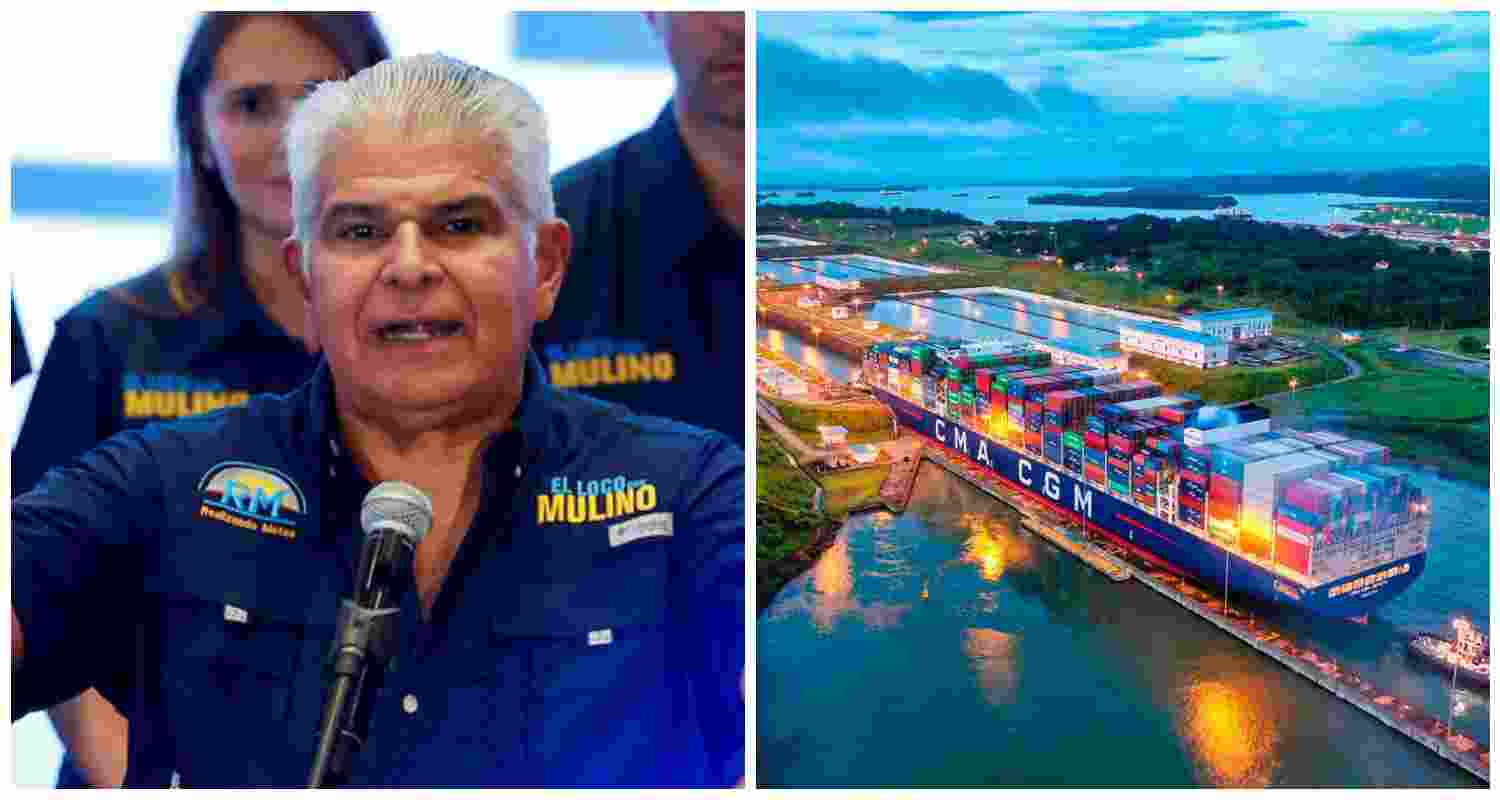 Panama President José Raúl Mulino, and the strategic Panama Canal on the right. File photos.