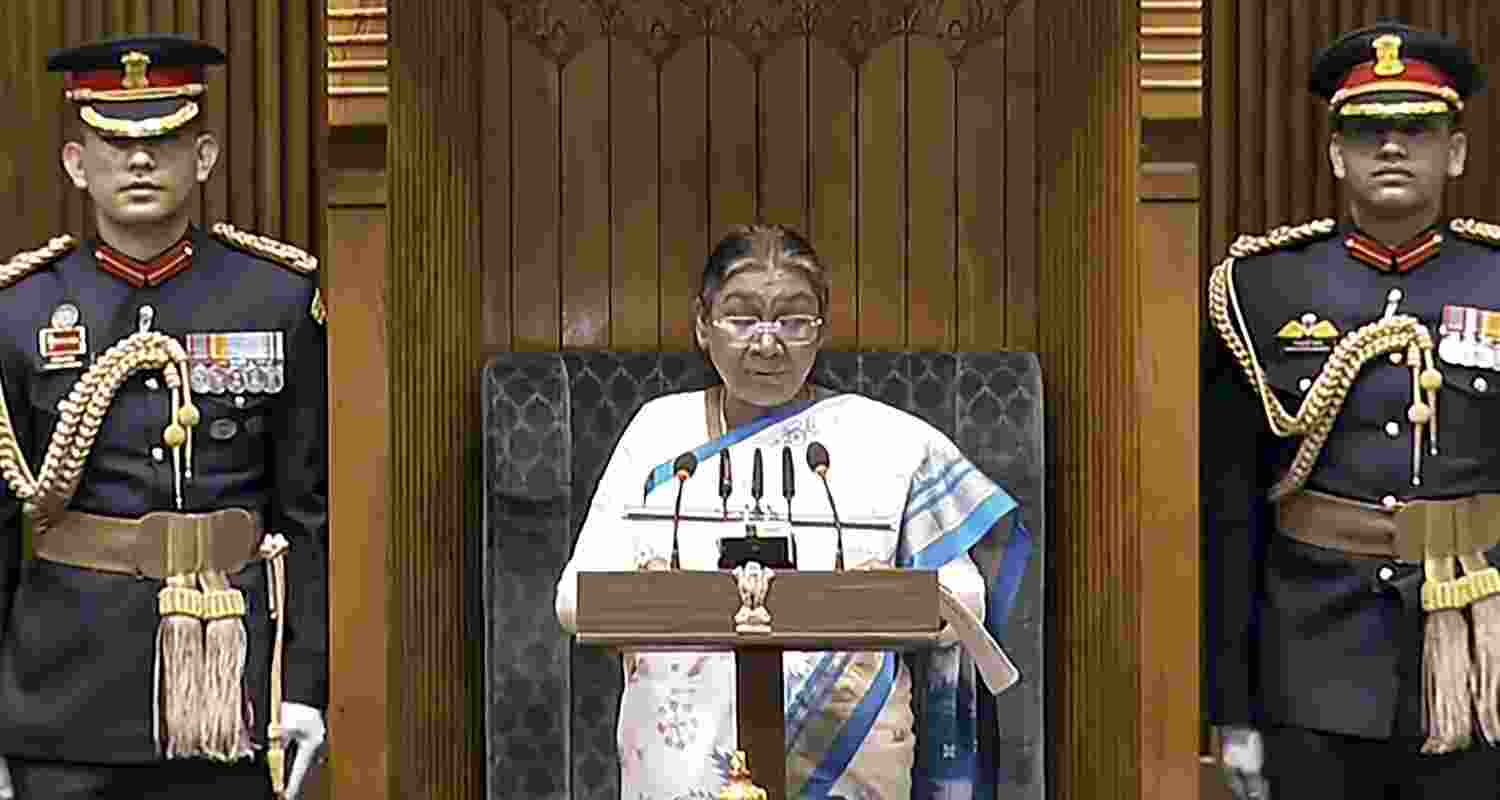 President Droupadi Murmu addresses the joint sitting of both Houses of Parliament on the first day of the Budget Session, in New Delhi, Friday.