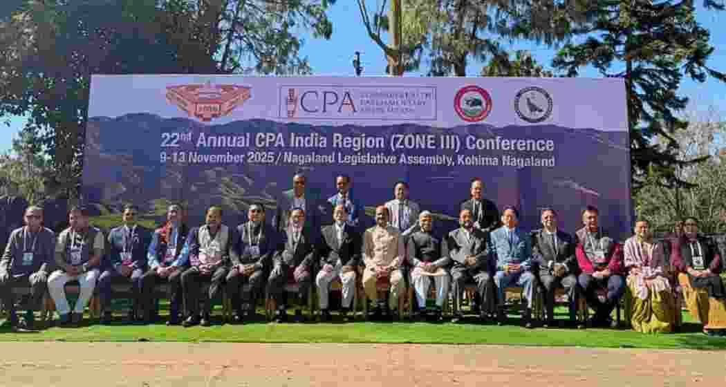 Presiding officers from all eight North Eastern states, along with Nagaland Chief Minister Neiphiu Rio and Lok Sabha Speaker Om Birla, sit for a photograph during the CPA India Region Zone-III Conference.