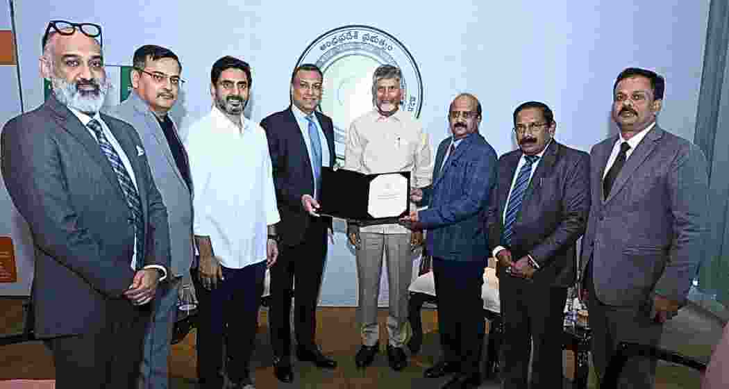 Chief Minister Chandrababu Naidu with European delegates at the India-Europe Business Roundtable in Visakhapatnam.