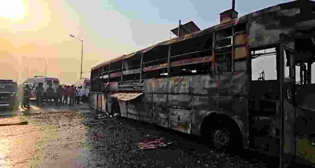 The charred remains of the bus that caught fire in Lucknow’s Mohanlalganj area, leaving five dead and several injured, as authorities investigate the cause of the blaze.