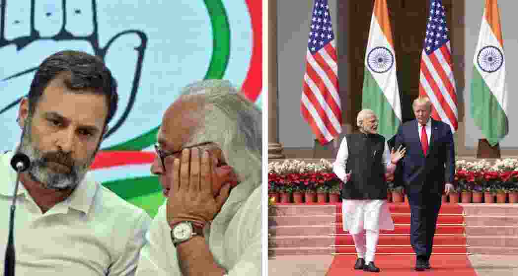 Rahul Gandhi and Jairam Ramesh (left) with PM Modi meeting US President Donald Trump in New Delhi.