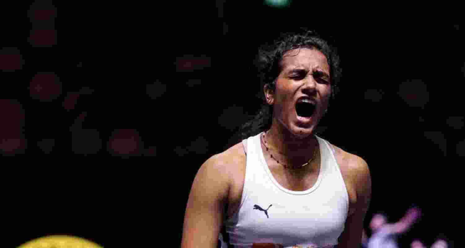 PV Sindhu celebrating her hard-fought win against Nozomi Okuhara.