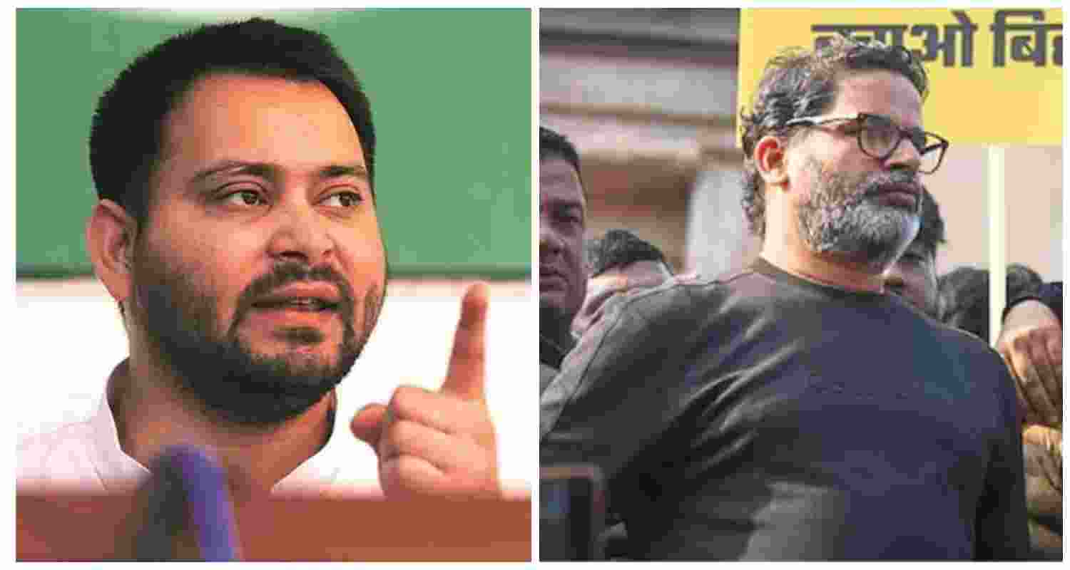 RJD leader Tejashwi Yadav (L), political strategist and Jan Suraaj Party supremo Prashant Kishor (R). 