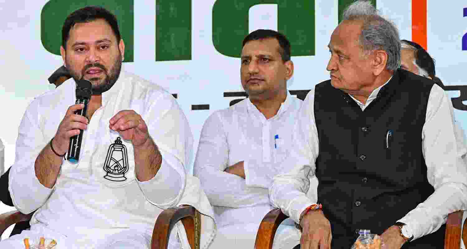 RJD leader and Leader of Opposition in Bihar Assembly Tejashwi Yadav addresses INDIA bloc press conference, in Patna, Thursday.