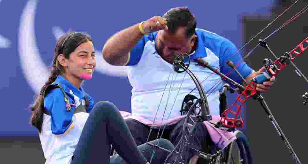 Indian archer pair Sheetal Devi and Rakesh Kumar after winning bronze medals.
