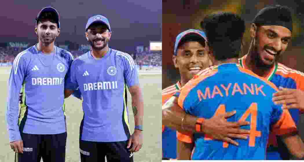 Mayank Yadav and Nitish Kumar Reddy (Photo on right) and Indian team captain Suryakumar Yadav, Mayank Yadav, and Arshdeep Singh (Photo on left).