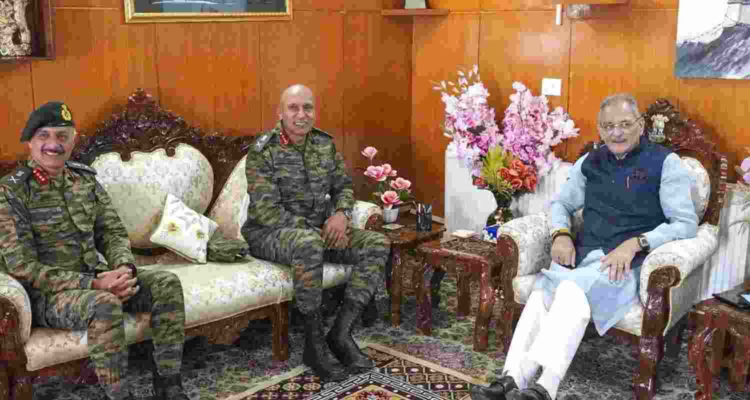 Ladakh Lt. Governor Kavinder Gupta with General Officer Commanding-in-Chief Northern Command Lt. Gen. Pratik Sharma and General Officer Commanding-in-Chief Fire & Fury Corps Lt. Gen. Hitesh Bhalla during a meeting, at Raj Niwas, in Ladakh. 