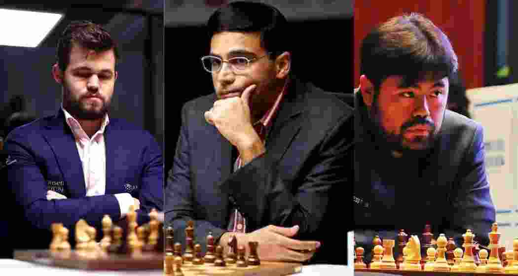 (L-R) Magnus Carlsen, Vishwanathan Anand, and Hikaru Nakamura.