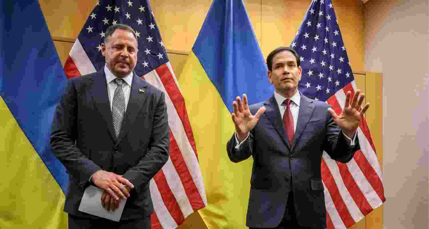 US Secretary of State Marco Rubio (R) and Ukraine’s presidential chief of staff Andriy Yermak (L) held press briefing in the US mission in Geneva, Switzerland.