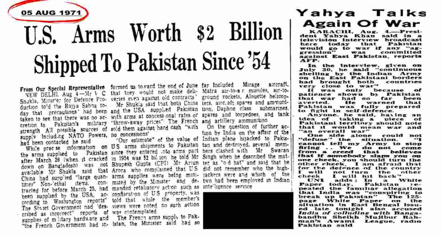 Army shares news clips showing US arms aid to Pak in 1971 war