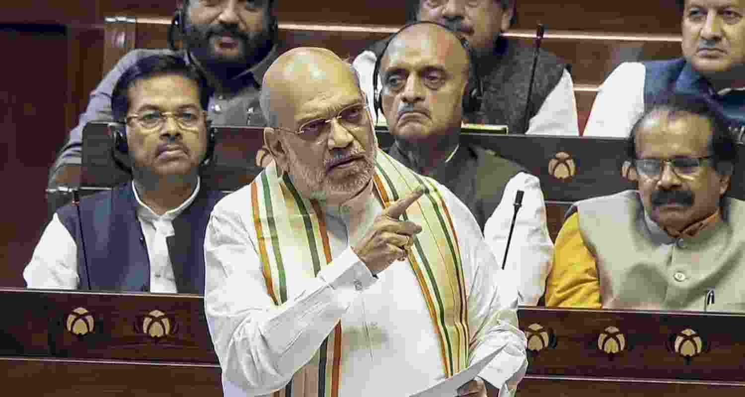 Union Home Minister Amit Shah speaks in the Rajya Sabha during the Budget session of Parliament, in New Delhi, Friday.