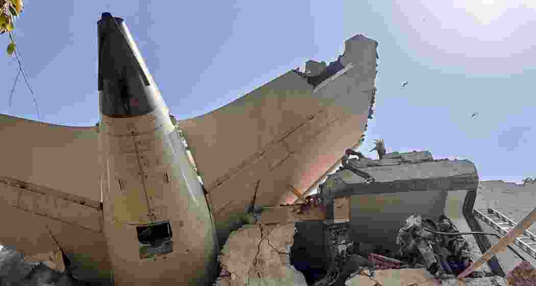 Wreckage of the Air India flight lodged inside a dental college building near Ahmedabad airport, where it crashed on June 12, killing 260 people.