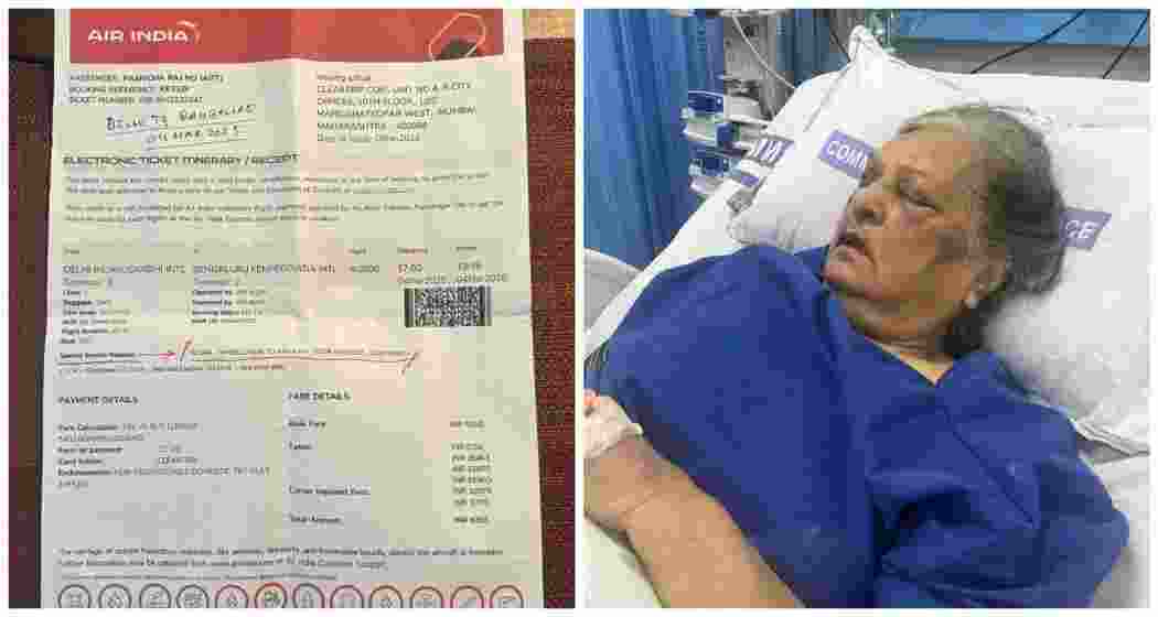 The Air India ticket confirming wheelchair assistance (L), yet the 82-year-old passenger is now in the ICU (R) after allegedly being denied the service at Delhi Airport, leading to a fall and severe injuries.