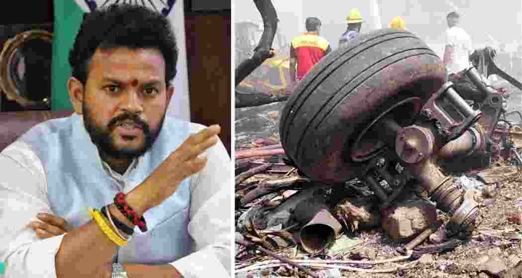 Civil Aviation Minister Ram Mohan Naidu (L); the crash site in Ahmedabad where the Air India aircraft went down, claiming 260 lives 