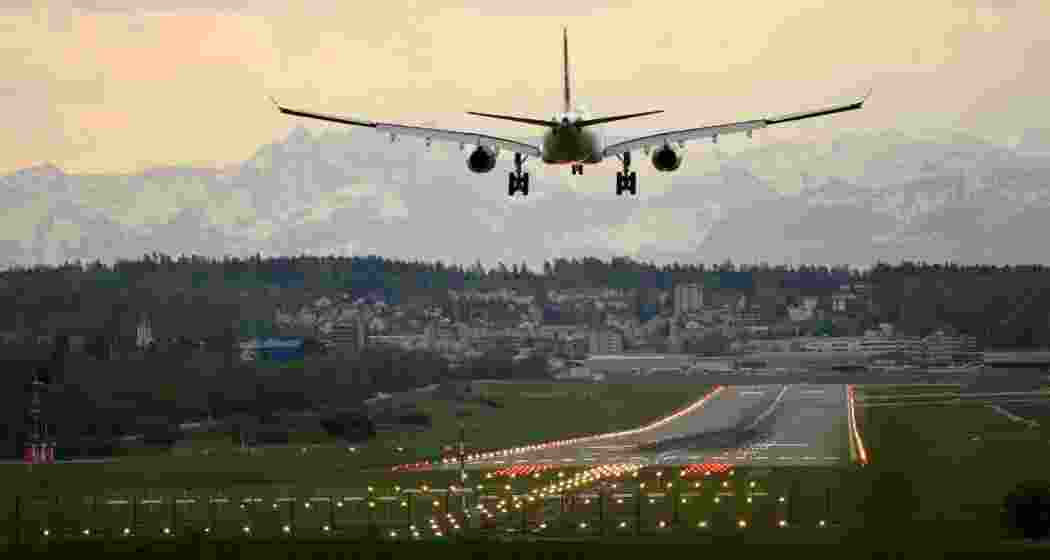 A passenger aircraft takes off from the runway. 
