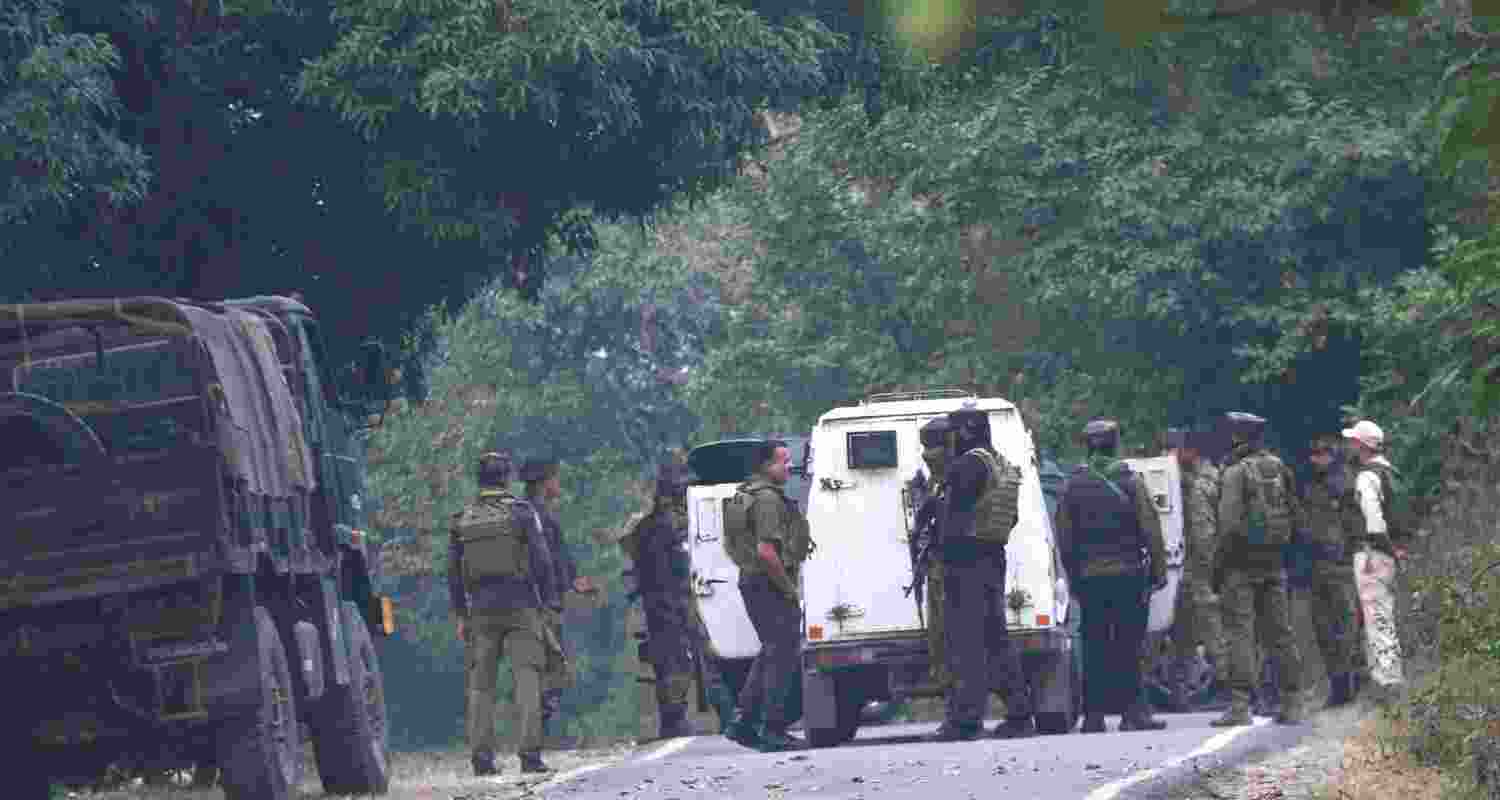 Army jawans near the site of the encounter between security forces and terrorists, in Akhnoor sector of Jammu and Kashmir, Tuesday.