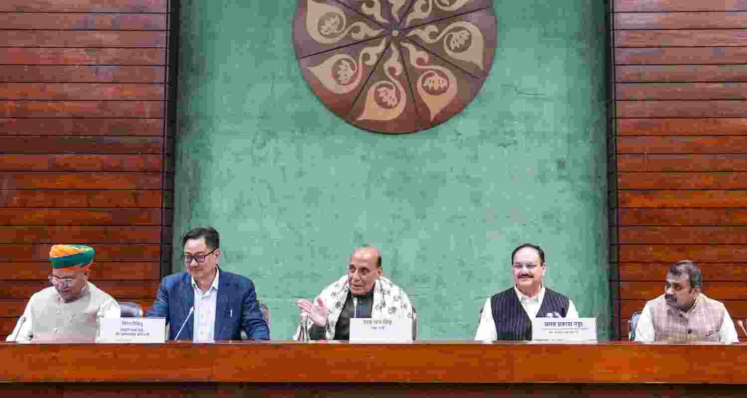 Union Ministers Kiren Rijiju, Arjun Ram Meghwal, Rajnath Singh, JP Nadda and others during the all-party meeting ahead of Parliament's winter session, in New Delhi, Sunday.