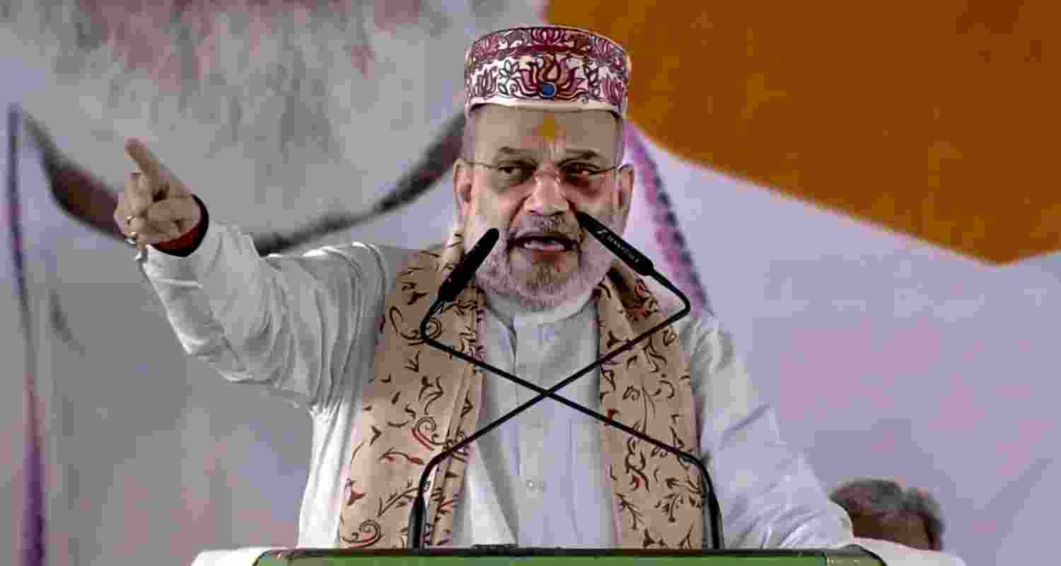 Union Home Minister Amit Shah addresses a gathering ahead of the Bihar Assembly elections, in Darbhanga, Bihar.