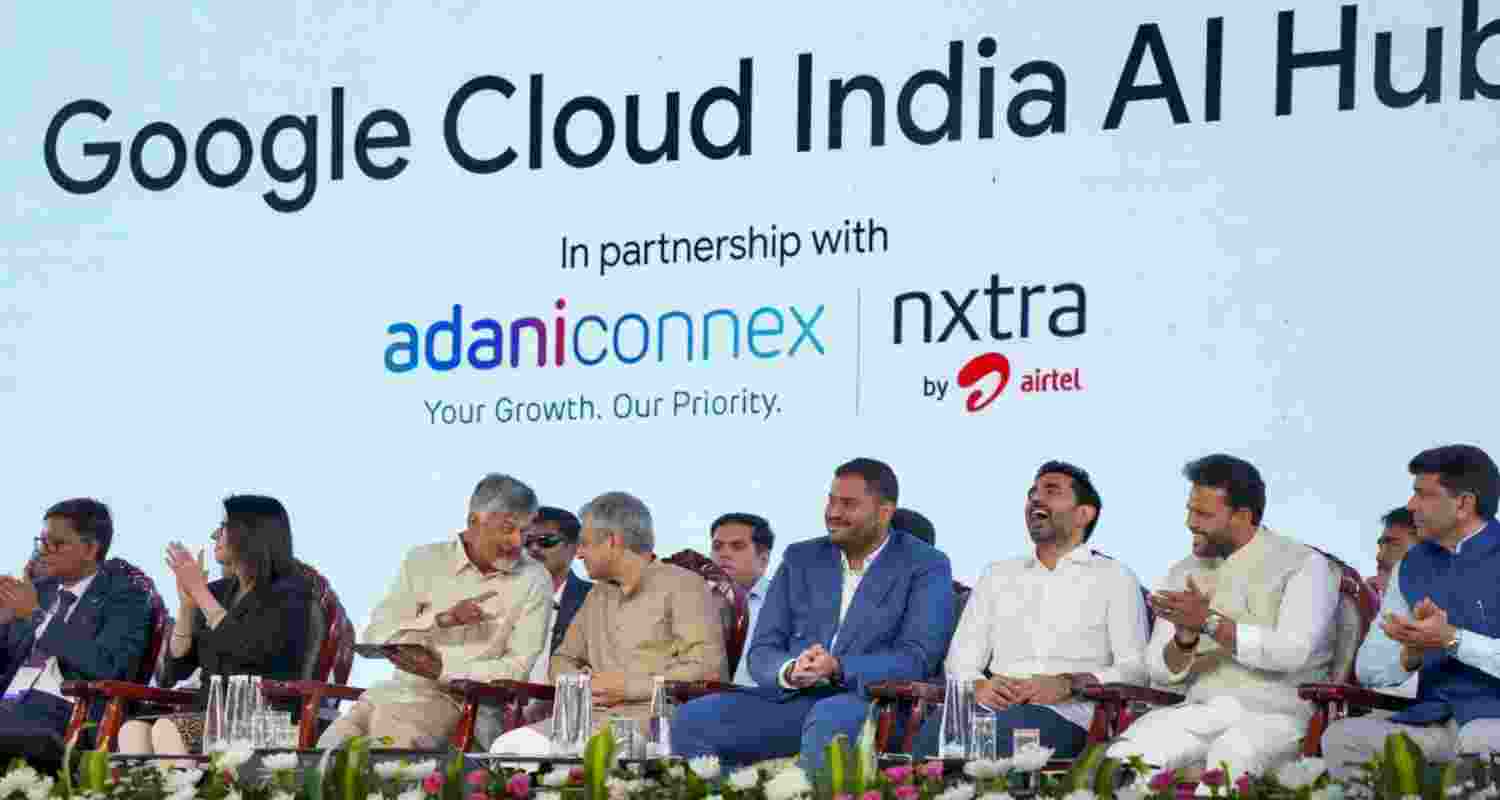 Union Minister of Electronics and Information Technology Ashwini Vaishnaw, Union Minister of Civil Aviation Ram Mohan Naidu Kinjarapu, Andhra Pradesh Chief Minister N Chandrababu Naidu and others during the foundation-stone laying ceremony of the Google Cloud India AI Hub, in Visakhapatnam.